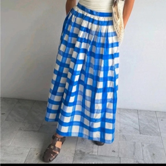 Zara Collection Blue and White Gingham Pleated A-Line Midi Skirt - Picture 3 of 5